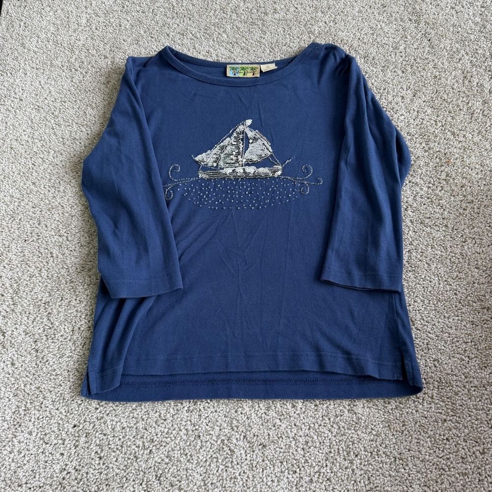 Palm Grove Shirt Womens S Blue Sequin Sailboat 3/4 Sleeve Nautical Jersey Top